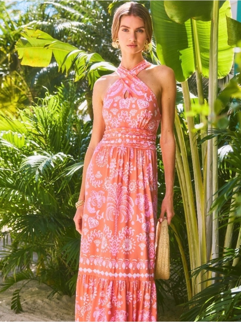 Lilly Pulitzer Peach & White Monticelo Halter Maxi Dress